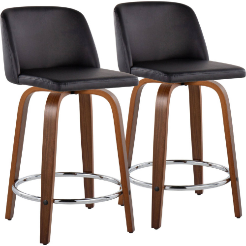 Toriano 24" Swivel Counter Stool in Walnut Wood & Black Leatherette with Chrome Footrest (Set of 2)